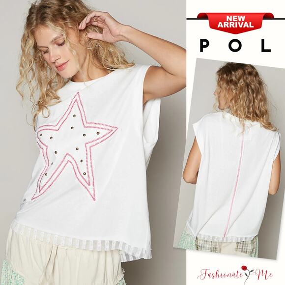 POL Star Patch Studded Lace Hem Sleeveless Round Neck Loose Fit T-Shirt | White - Picture 1 of 5